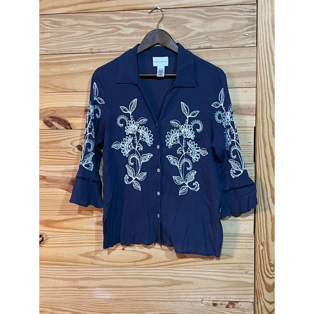 Alfred Dunner Women's Large Navy White Embroidery Cotton 3/4 Bell Sleeves Blouse
